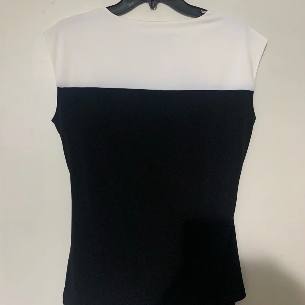 Calvin Klein Black Tunic Top with White Yoke and Silver Buttons - Picture 2 of 4